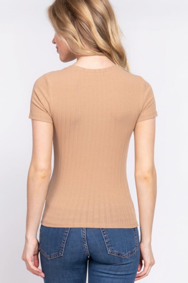 Sand Khaki Short Sleeve Crew Neck Variegated Rib Knit Top - Image 4