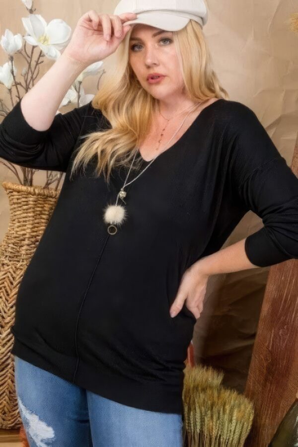 Plus Size V Neck 3/4 Sleeve Side Slit Hi-lo Sweater - Image 3