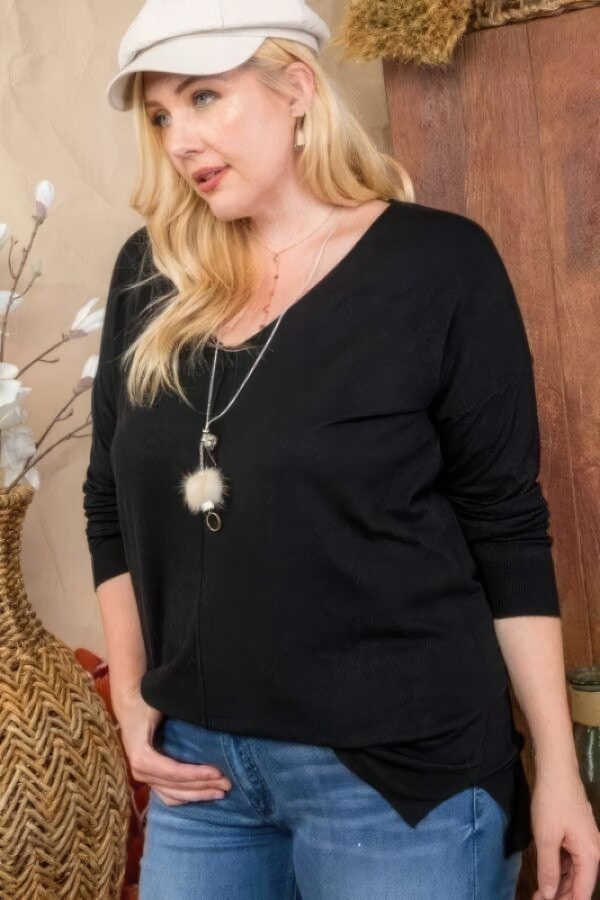 Plus Size V Neck 3/4 Sleeve Side Slit Hi-lo Sweater - Image 5