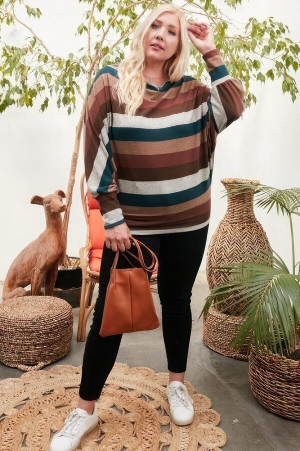 Boat Neck Long Bubble Sleeve Multi Stripe Print Knit Top - Image 2
