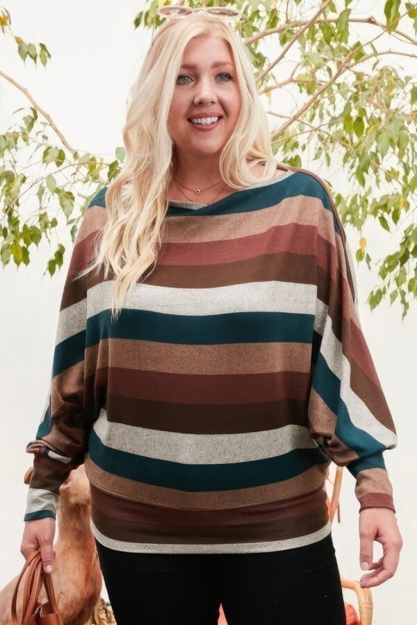 Boat Neck Long Bubble Sleeve Multi Stripe Print Knit Top - Image 5