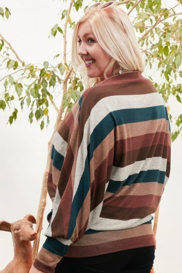 Boat Neck Long Bubble Sleeve Multi Stripe Print Knit Top - Image 7