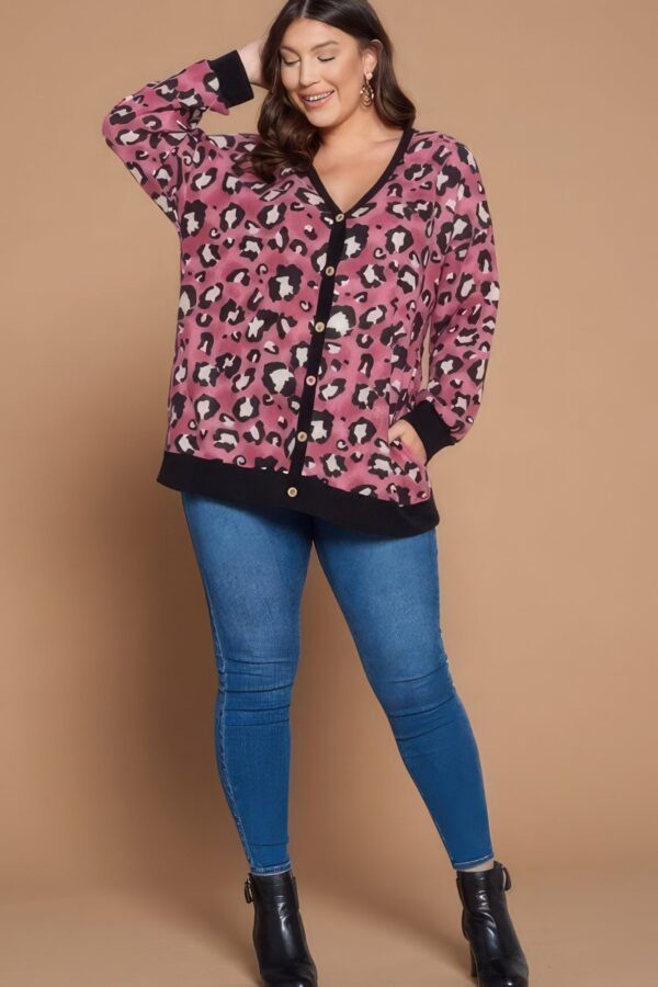 Plus Size Cozy Animal Mir Print With Brush Button Up Cardigan - Image 2