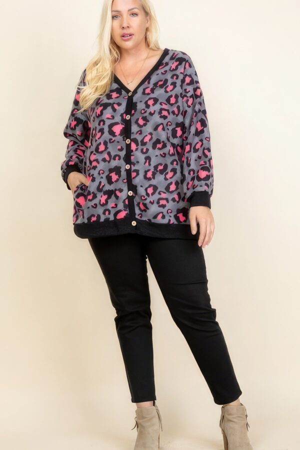 Plus Size Cozy Animal Mir Print With Brush Button Up Cardigan - Image 2
