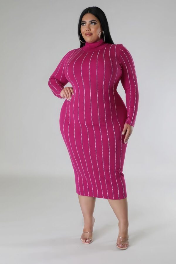 Turtle Neck Stretch Dress - Magenta - Image 3