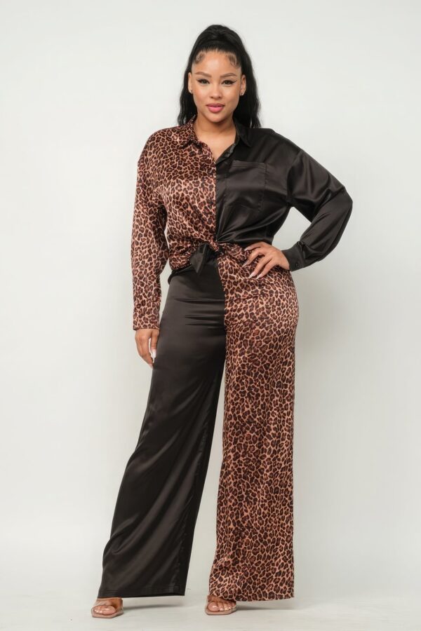 Half Animal Print And Half Solid Top And Pants Set - Image 2