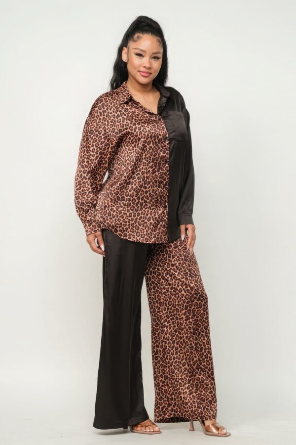 Half Animal Print And Half Solid Top And Pants Set - Image 3