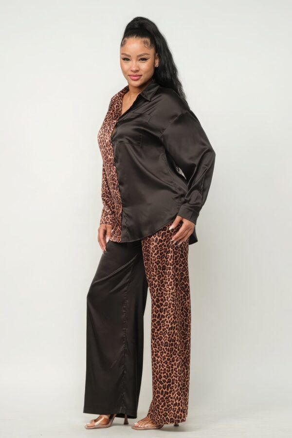 Half Animal Print And Half Solid Top And Pants Set - Image 4