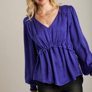 Satin V-neck Ruffle Baby Doll Top With Cuffed Long Sleeve - Sapphire