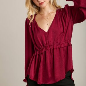 Satin V-neck Ruffle Baby Doll Top With Cuffed Long Sleeve - Wine
