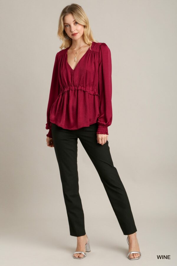 Satin V-neck Ruffle Baby Doll Top With Cuffed Long Sleeve - Wine - Image 2