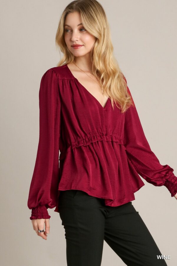 Satin V-neck Ruffle Baby Doll Top With Cuffed Long Sleeve - Wine - Image 3