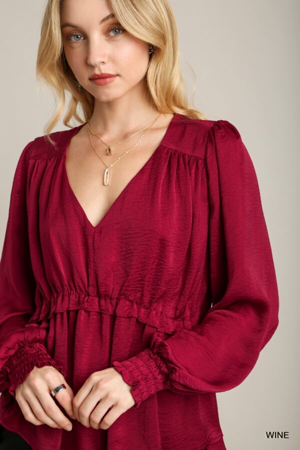 Satin V-neck Ruffle Baby Doll Top With Cuffed Long Sleeve - Wine - Image 4