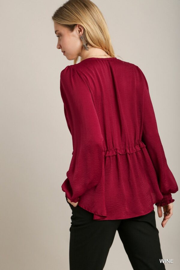Satin V-neck Ruffle Baby Doll Top With Cuffed Long Sleeve - Wine - Image 5