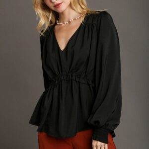 Satin V-neck Ruffle Baby Doll Top With Cuffed Long Sleeve - Black