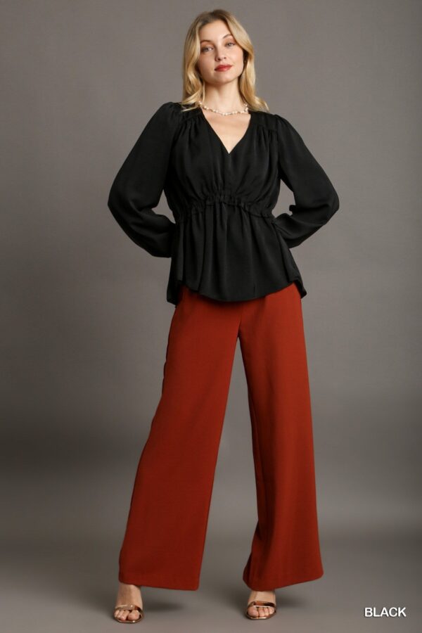 Satin V-neck Ruffle Baby Doll Top With Cuffed Long Sleeve - Black - Image 2
