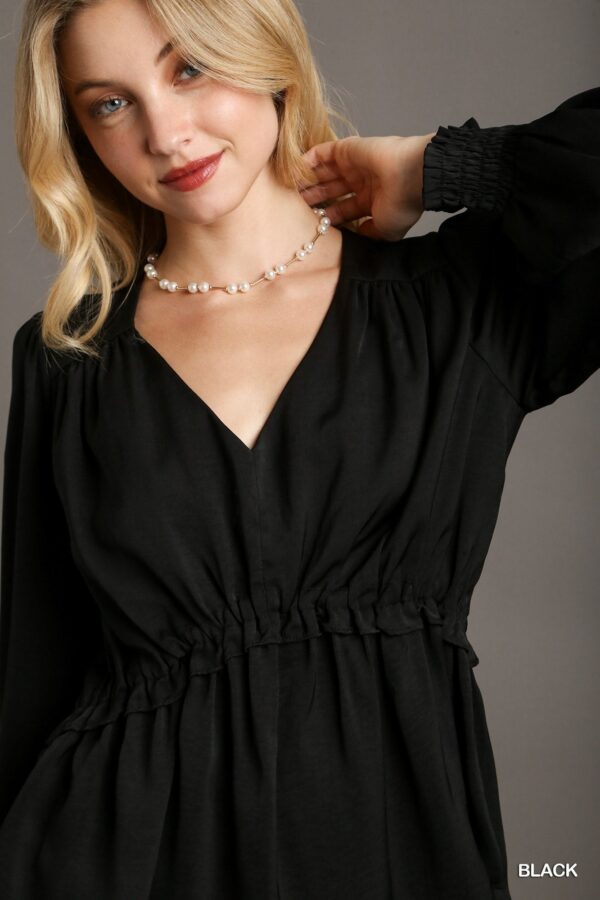 Satin V-neck Ruffle Baby Doll Top With Cuffed Long Sleeve - Black - Image 3