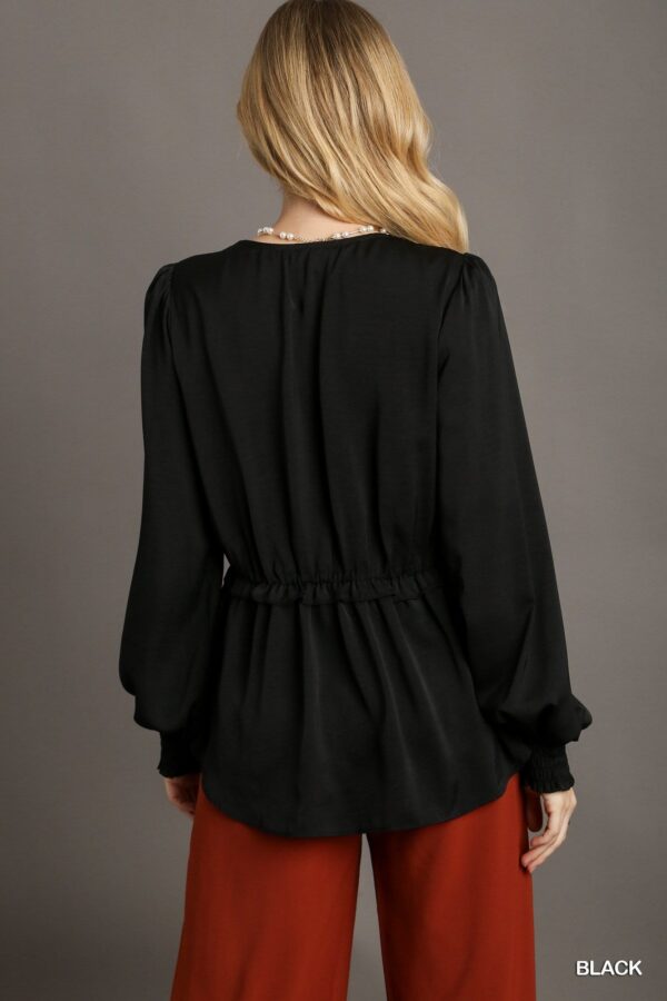 Satin V-neck Ruffle Baby Doll Top With Cuffed Long Sleeve - Black - Image 4
