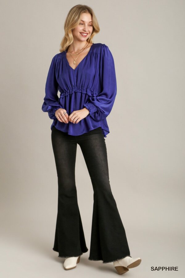 Satin V-neck Ruffle Baby Doll Top With Cuffed Long Sleeve - Sapphire - Image 2