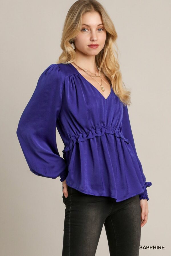 Satin V-neck Ruffle Baby Doll Top With Cuffed Long Sleeve - Sapphire - Image 3