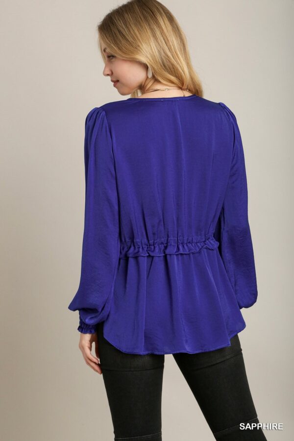 Satin V-neck Ruffle Baby Doll Top With Cuffed Long Sleeve - Sapphire - Image 5