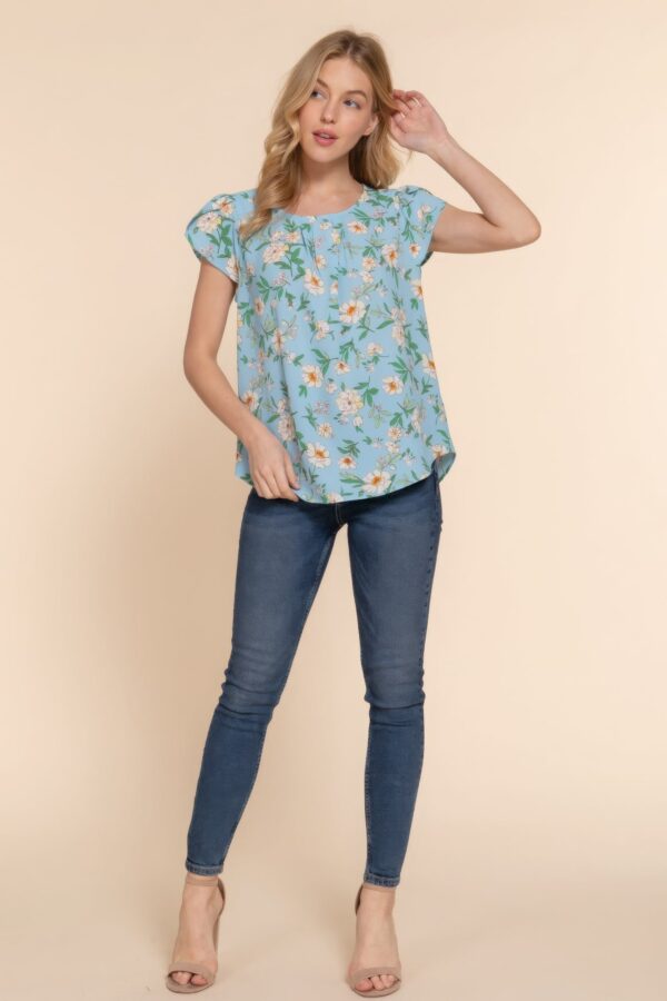 Serene Blue Short Tulip Sleeve Floral Print Woven Top - Image 3