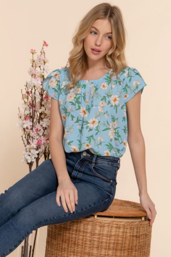 Serene Blue Short Tulip Sleeve Floral Print Woven Top - Image 2