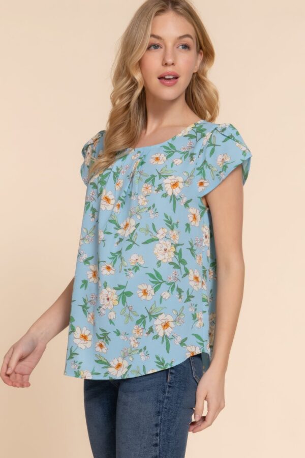 Serene Blue Short Tulip Sleeve Floral Print Woven Top - Image 5