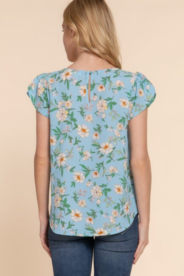 Serene Blue Short Tulip Sleeve Floral Print Woven Top - Image 4