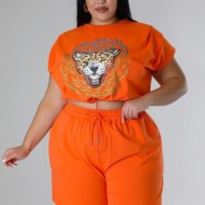Orange Plus Size Stretch Short Set