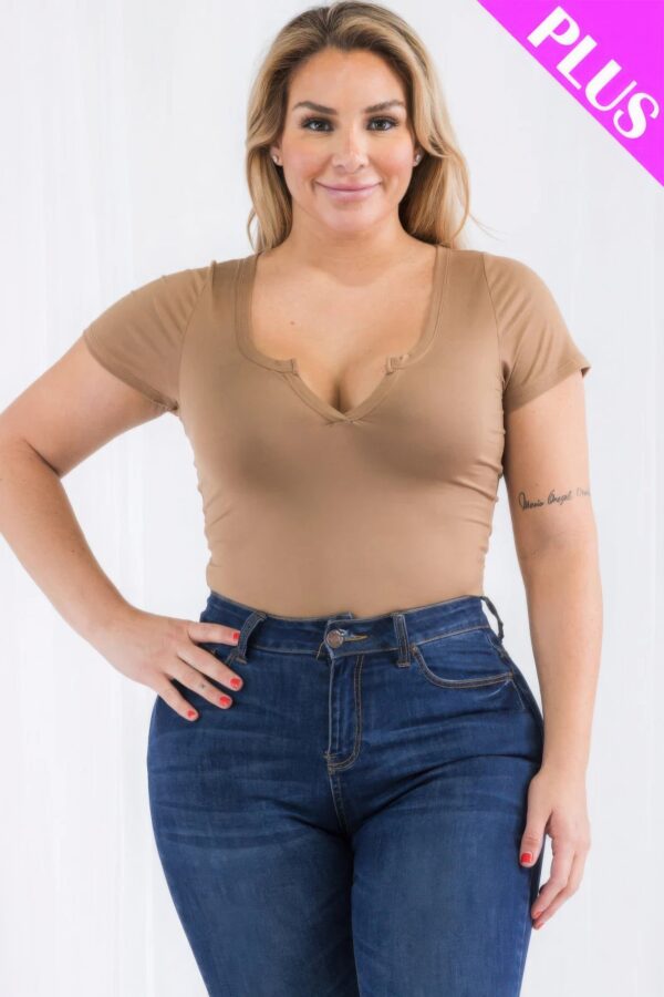 Plus Size Casual Split Neck Solid Short Sleeve Bodysuit - Image 22