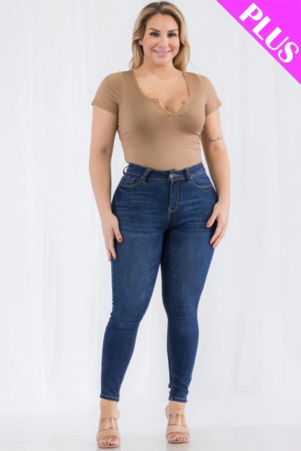 Plus Size Casual Split Neck Solid Short Sleeve Bodysuit - Image 23