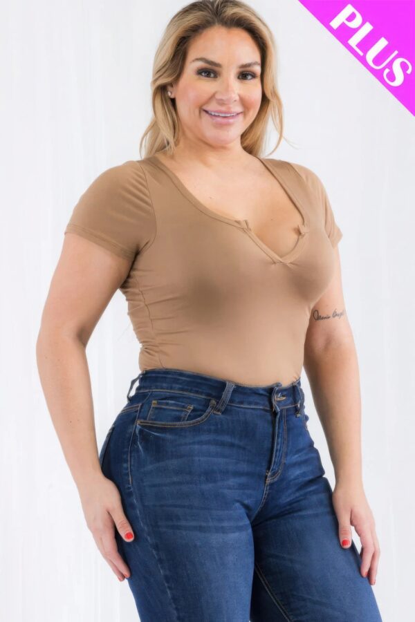 Plus Size Casual Split Neck Solid Short Sleeve Bodysuit - Image 24
