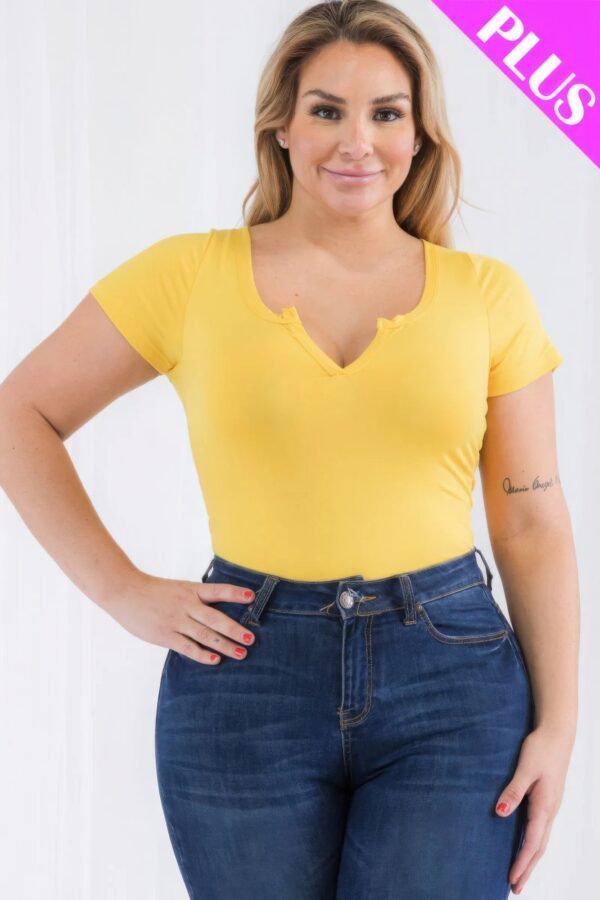 Plus Size Casual Split Neck Solid Short Sleeve Bodysuit - Image 2