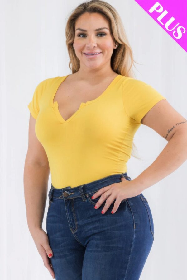 Plus Size Casual Split Neck Solid Short Sleeve Bodysuit - Image 4