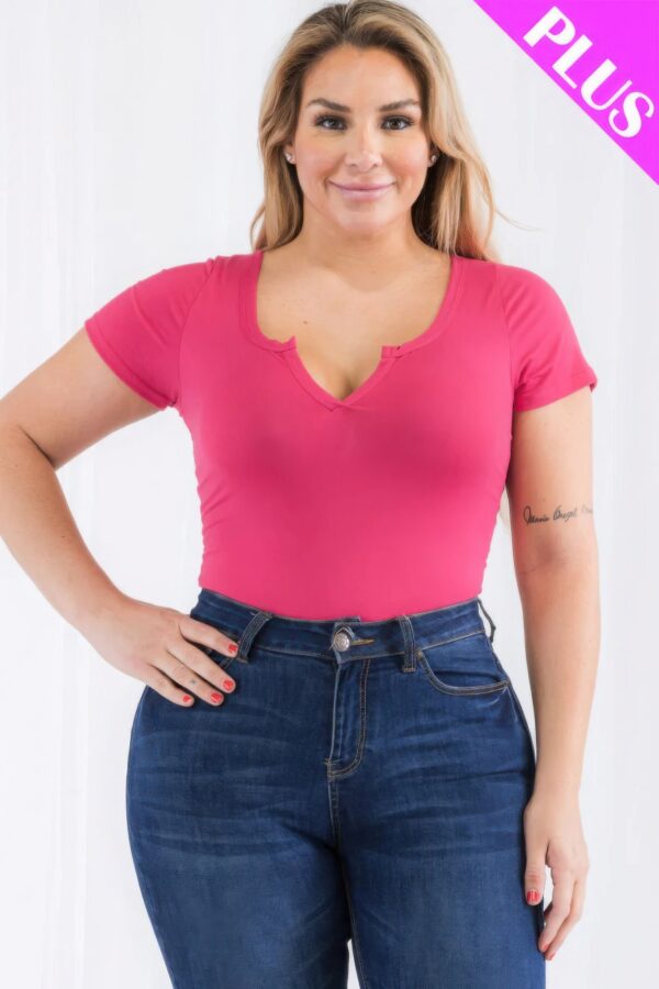 Plus Size Casual Split Neck Solid Short Sleeve Bodysuit - Image 7