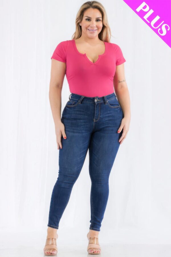 Plus Size Casual Split Neck Solid Short Sleeve Bodysuit - Image 8