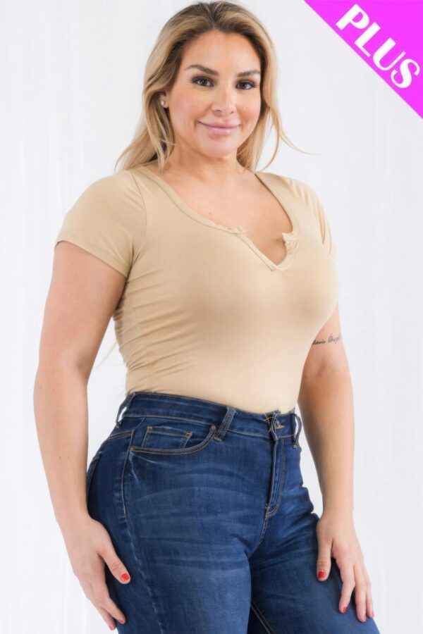 Plus Size Casual Split Neck Solid Short Sleeve Bodysuit - Image 29