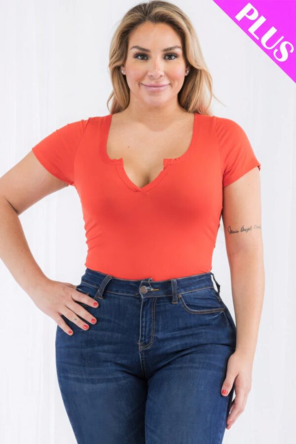 Plus Size Casual Split Neck Solid Short Sleeve Bodysuit - Image 32