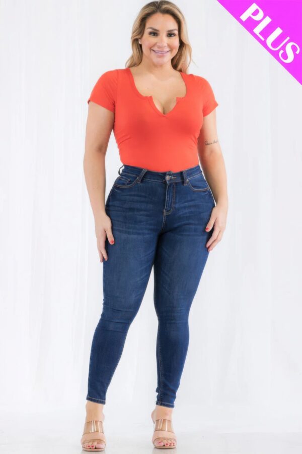 Plus Size Casual Split Neck Solid Short Sleeve Bodysuit - Image 33