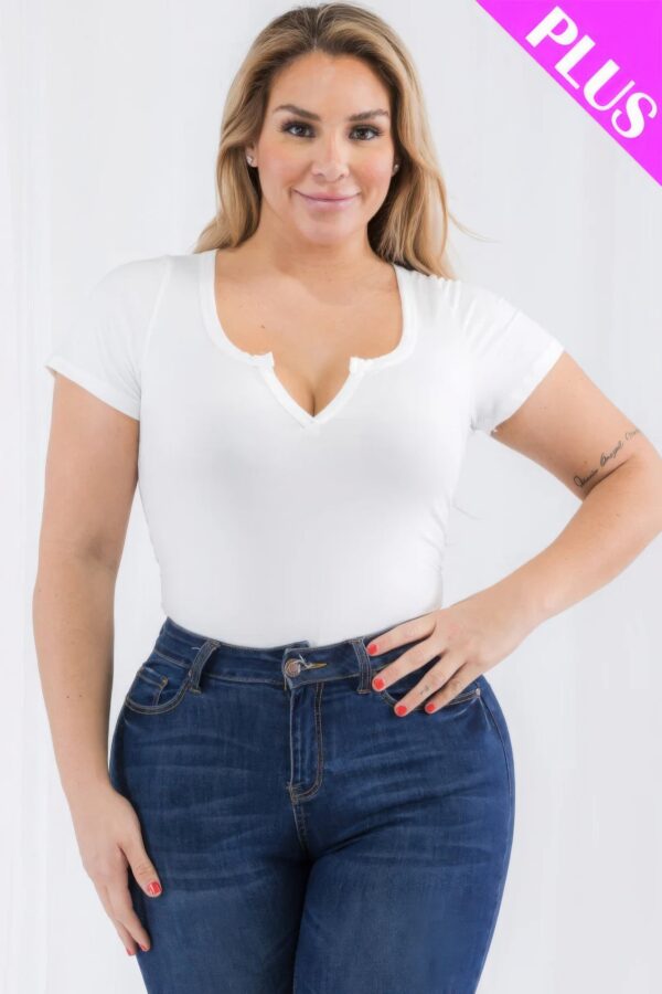 Plus Size Casual Split Neck Solid Short Sleeve Bodysuit - Image 17