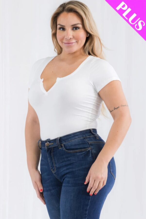 Plus Size Casual Split Neck Solid Short Sleeve Bodysuit - Image 19