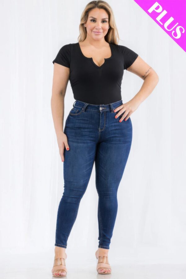 Plus Size Casual Split Neck Solid Short Sleeve Bodysuit - Image 13