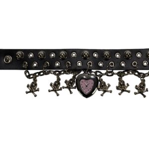 Black Wristband with Heart Shaped Watch and Hanging Skulls
