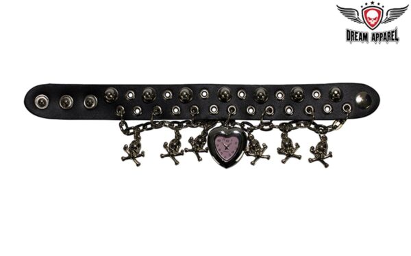 Black Wristband with Heart Shaped Watch and Hanging Skulls