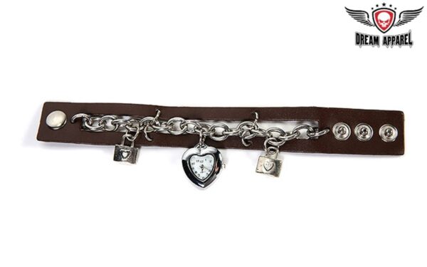 Brown Wristband with Heart Shaped Watch and Lock & Key