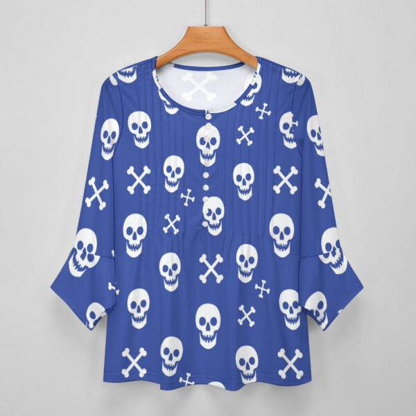 Blue Skull Print Ruffled Petal Sleeve Top - Image 3