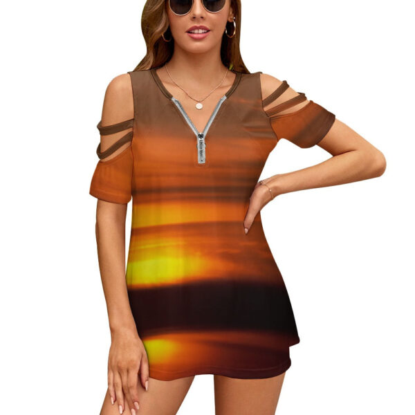 Ladies Beach Sunset BE Zip Off Shoulder Top - Image 3