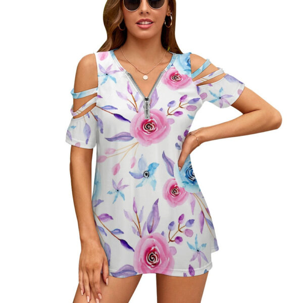 Ladies Floral BE Zip Off Shoulder Top - Image 3