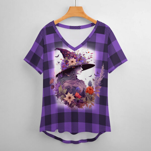 Buffalo Plaid  Witch Ladies V-Neck Loose Short Sleeve T-Shirt - Image 2